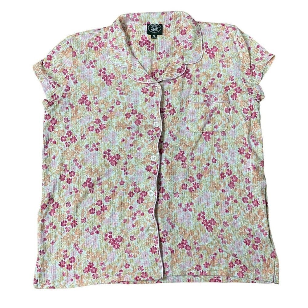 Laura Ashley Top Pink Floral Pajama Knit Button Up Shirt Cottagecore